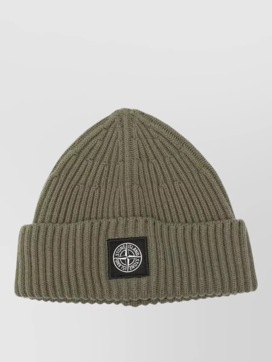 Stone Island Beanie Hat Ribbed Knit Turn Up Brim