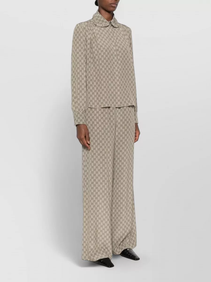 Gucci Silk Gg Print Ruffled Long-Sleeve Shirt