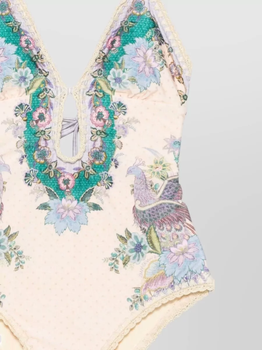 Zimmermann Floral-Print Crochet-Trim Halterneck One-Piece Swimsuit