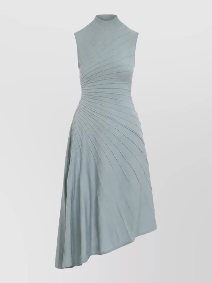 Alaïa Wool Sleeveless High-Neck Ribbed Pleated Asymmetric Midi Dress