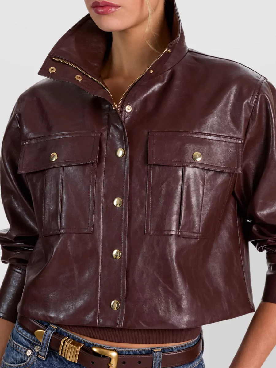 Alice + Olivia Cropped Funnel Neck Vegan Leather Jacket