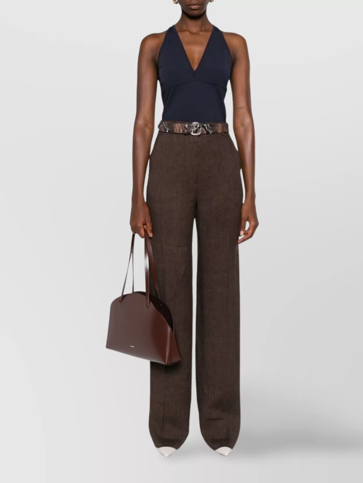 Max Mara Wide Leg High Waist Trousers With Front Crease In Brown