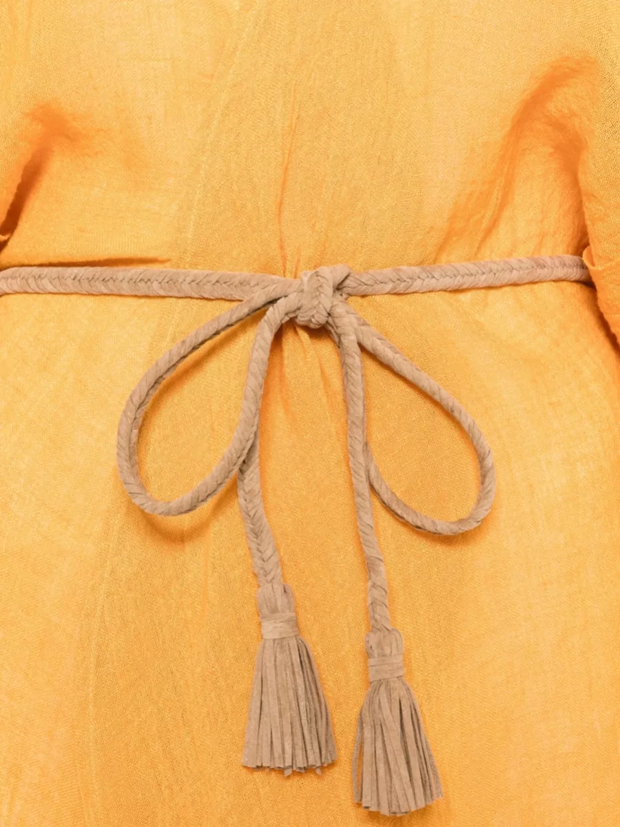 120% Lino Linen Short-Sleeve Belted Maxi Dress