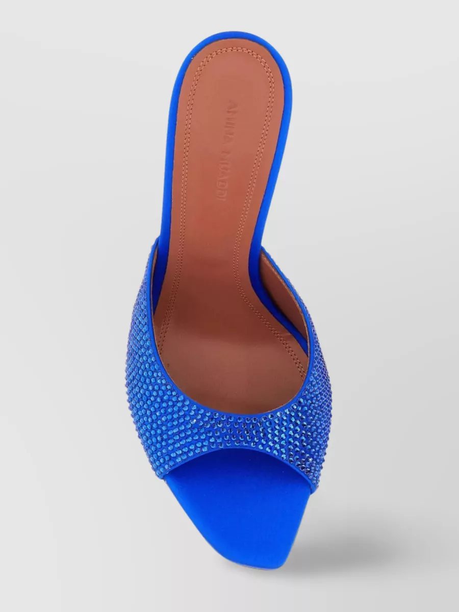 Shop Amina Muaddi Satin Mules With Stiletto Heel And Rhinestone Embellishments In Blue