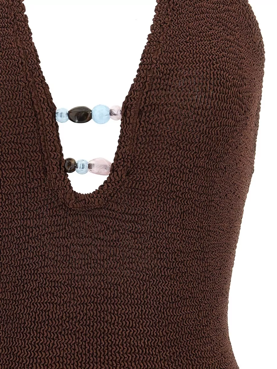 Hunza G Beaded Crinkle Halterneck One-Piece Swimsuit