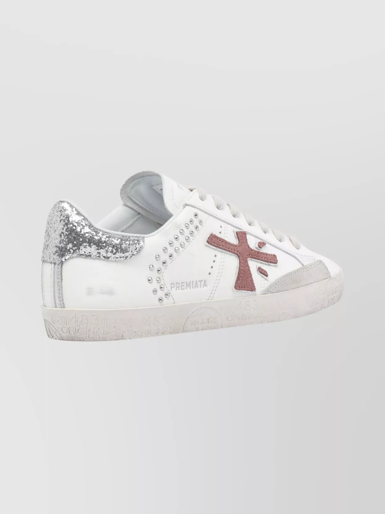 Premiata Glitter Leather Sneakers Stud Embellishments In White