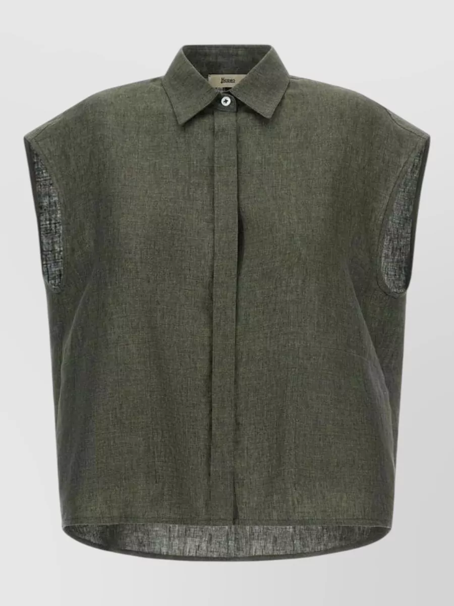 Herno Sleeveless Linen Shirt With Collar And Button Fastening In Green