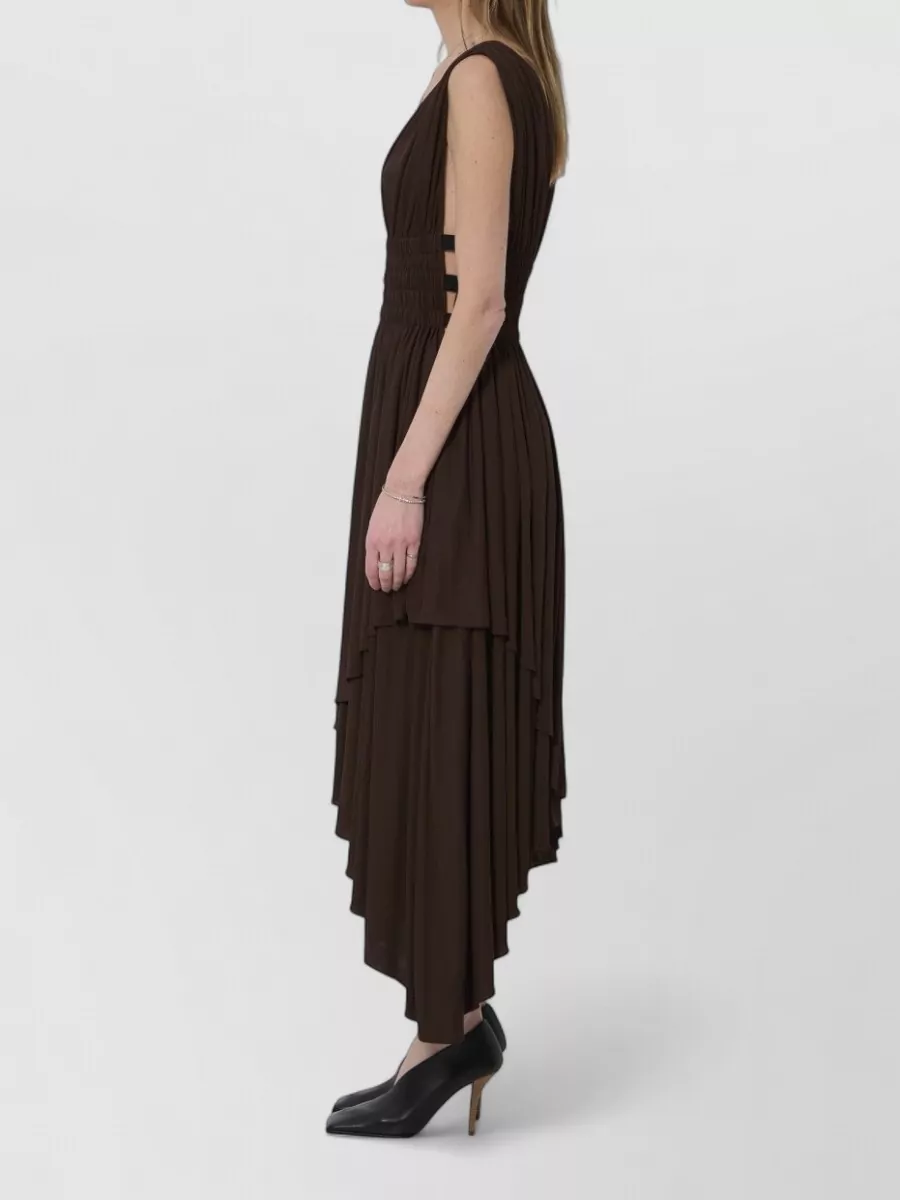 Alaïa Viscose Asymmetric Pleated V-Neck Midi Dress