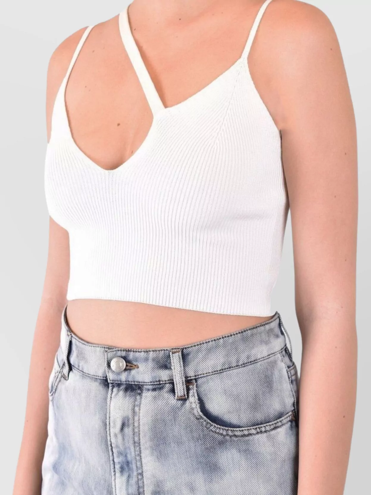 Laneus Cropped Sleeveless Stretch Ribbed Asymmetric Top