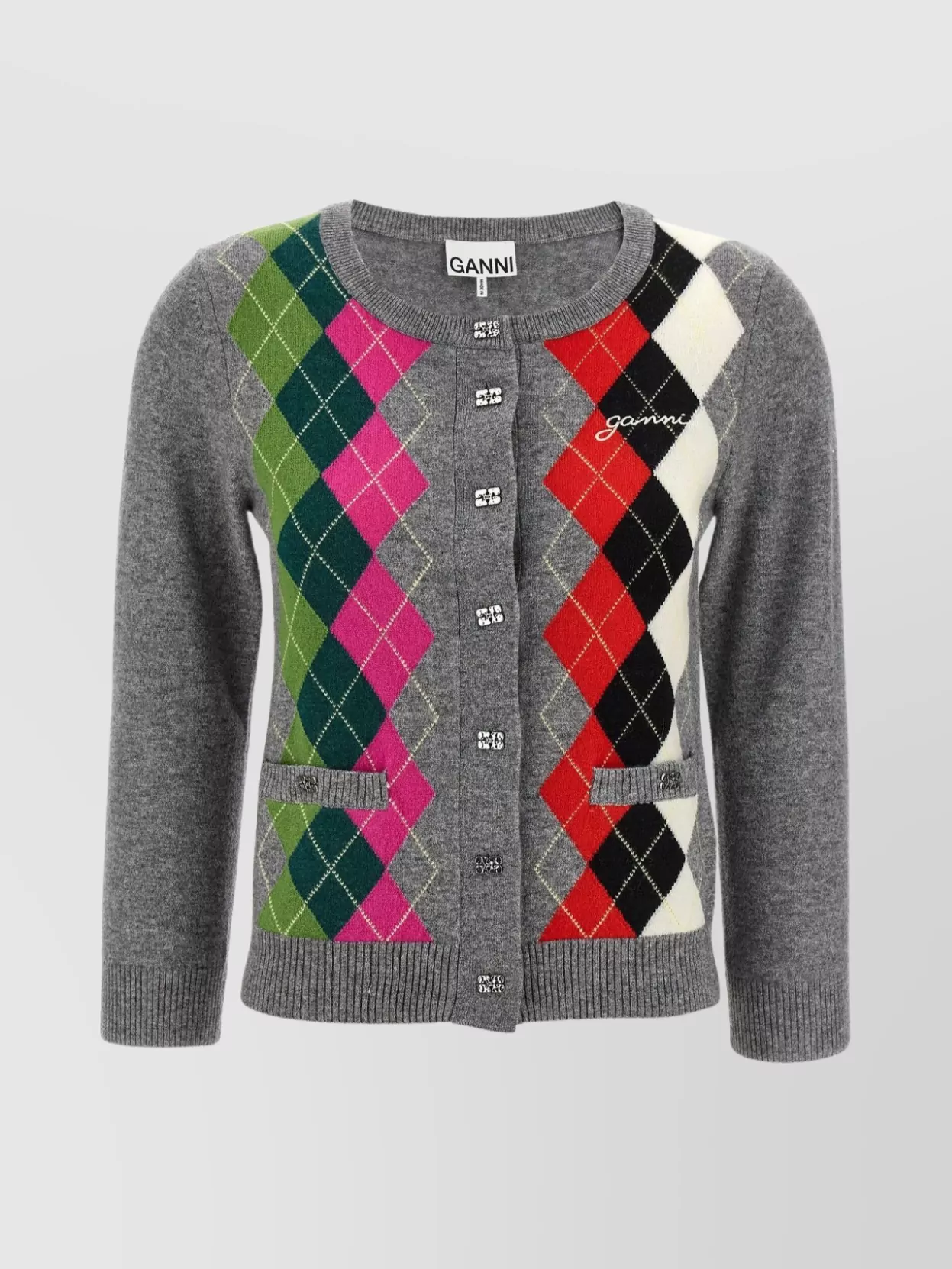 Ganni Womens Paloma Melange Rhombus-print Round-neck Wool And Cashmere Cardigan