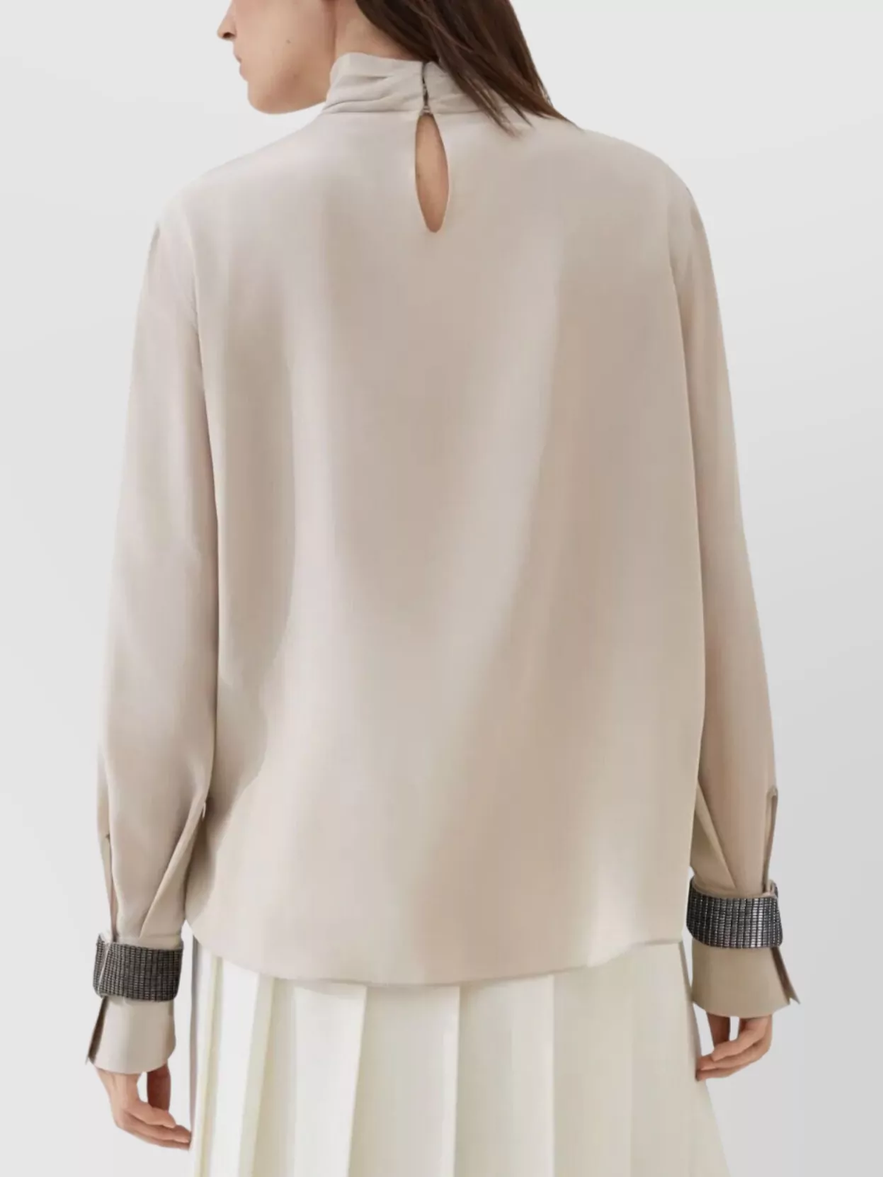 Brunello Cucinelli Embellished Cuffs High Neck Blouse In Neutral