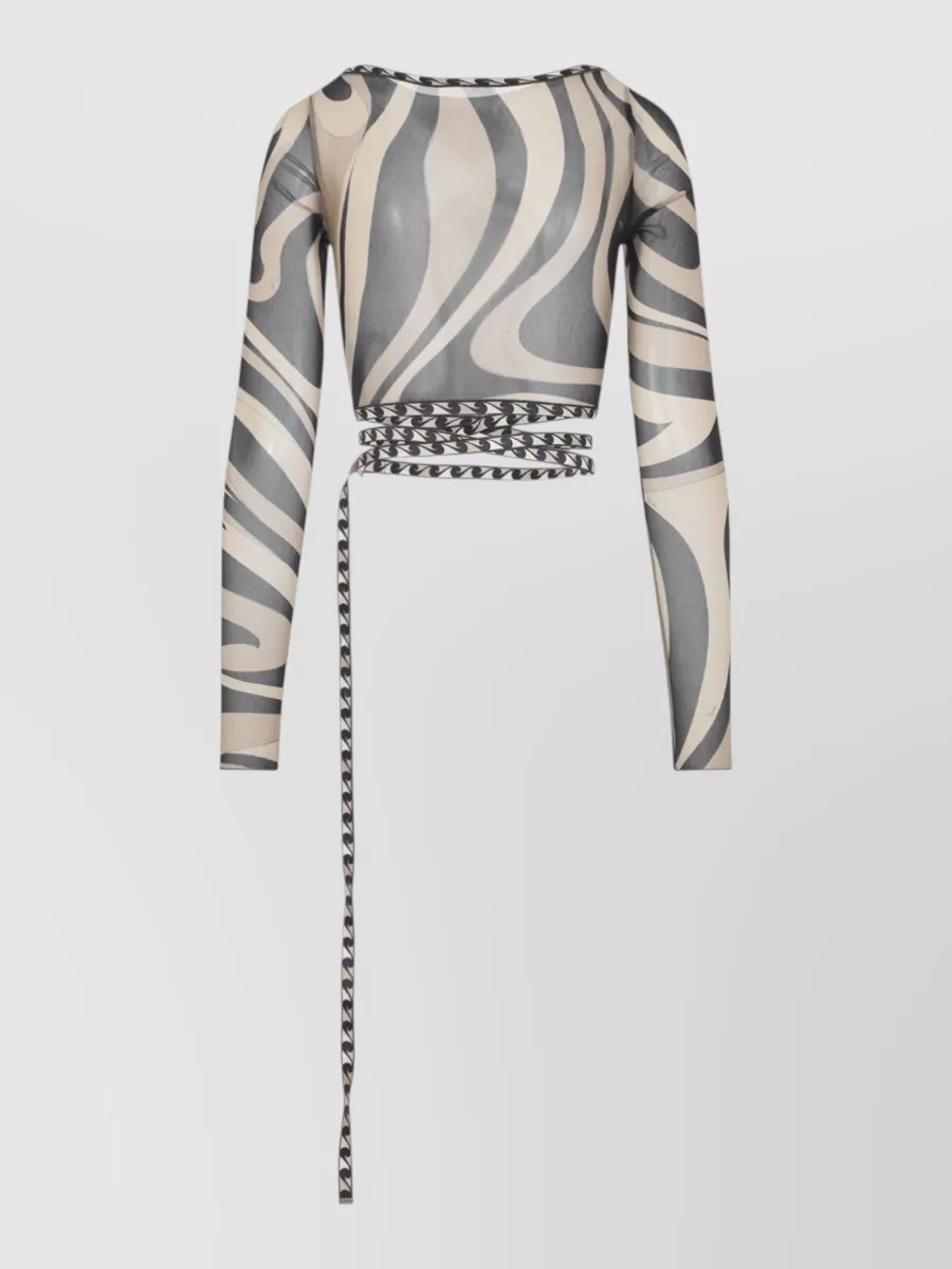 Pucci Printed Tulle Long-Sleeve Crop Top