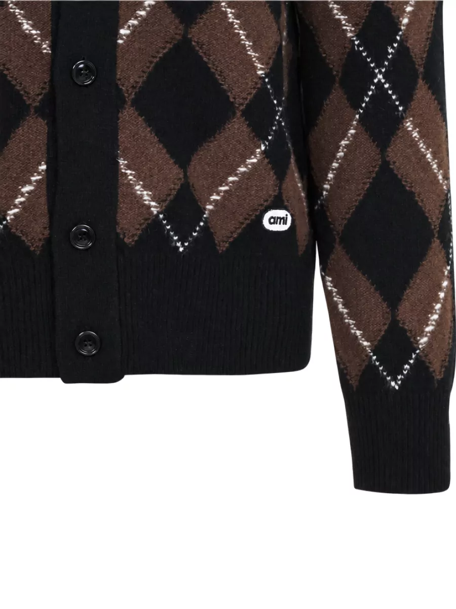 Ami Paris Wool Argyle Crewneck Cardigan