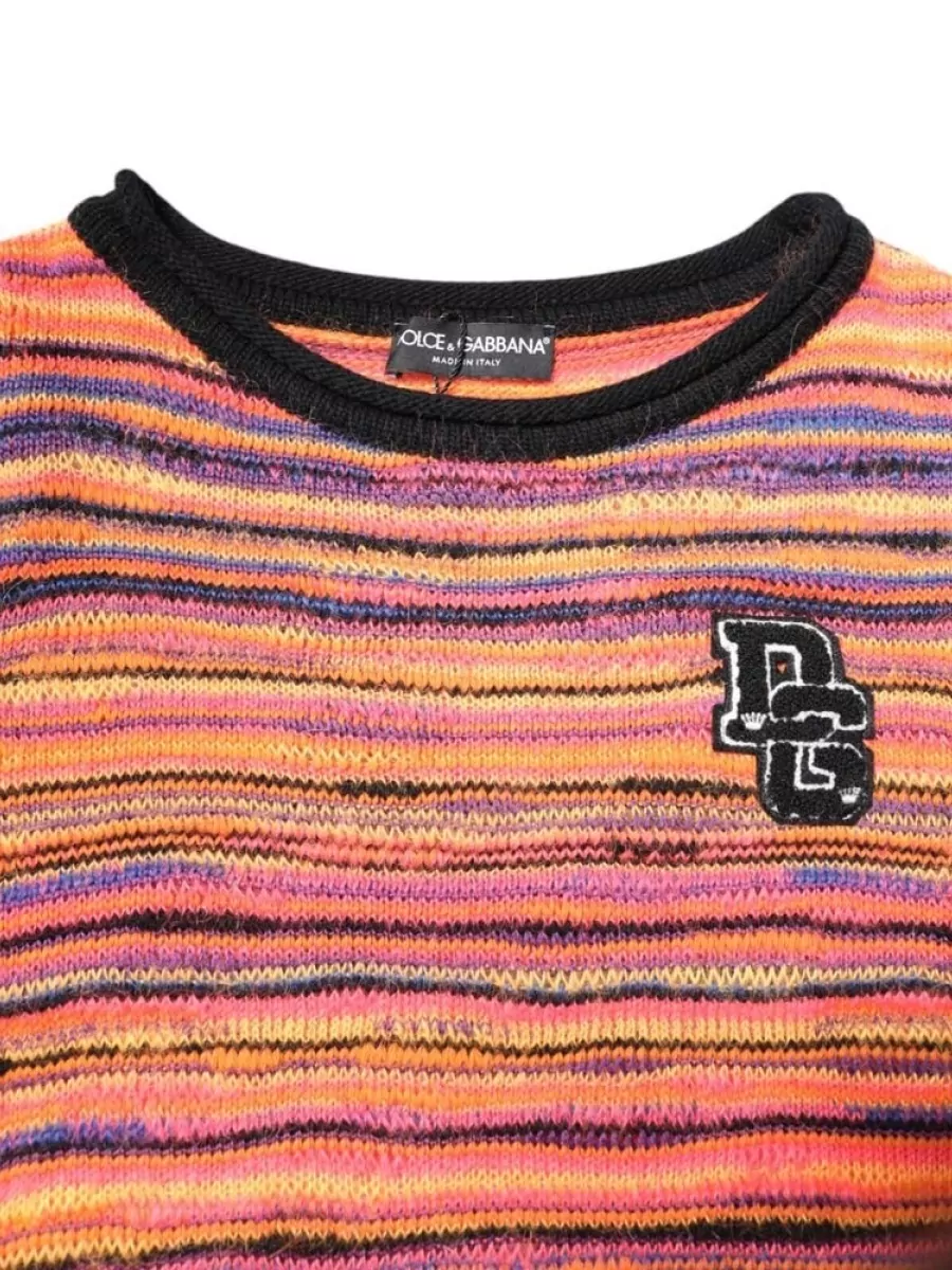 Dolce&Gabbana Wool Mohair Silk Striped Logo-Intarsia Knit Pullover Sweater