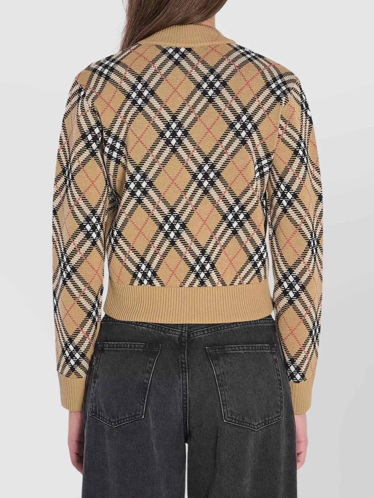 Burberry Cropped Check Knit Sweater With Ribbed Details In Black