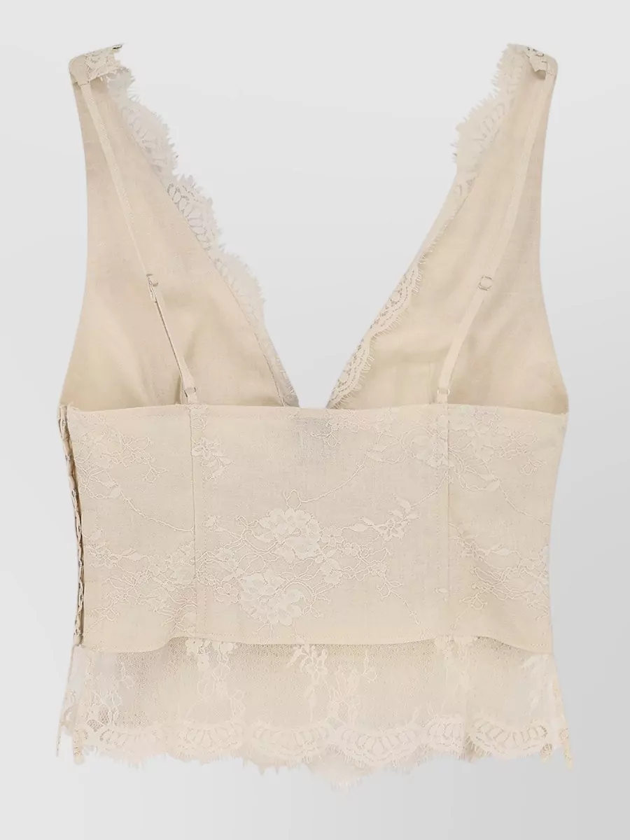 Pinko Linen Lace Asymmetric V-Neck Sleeveless Crop Top