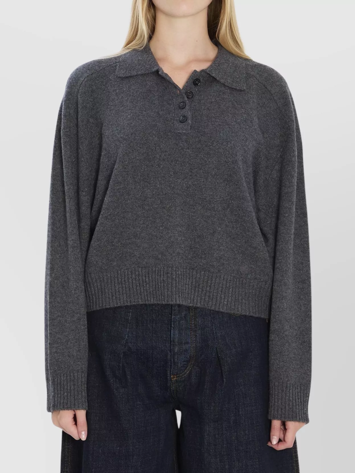 Loulou Studio Cashmere Polo With Long Sleeves And Collar In Gray