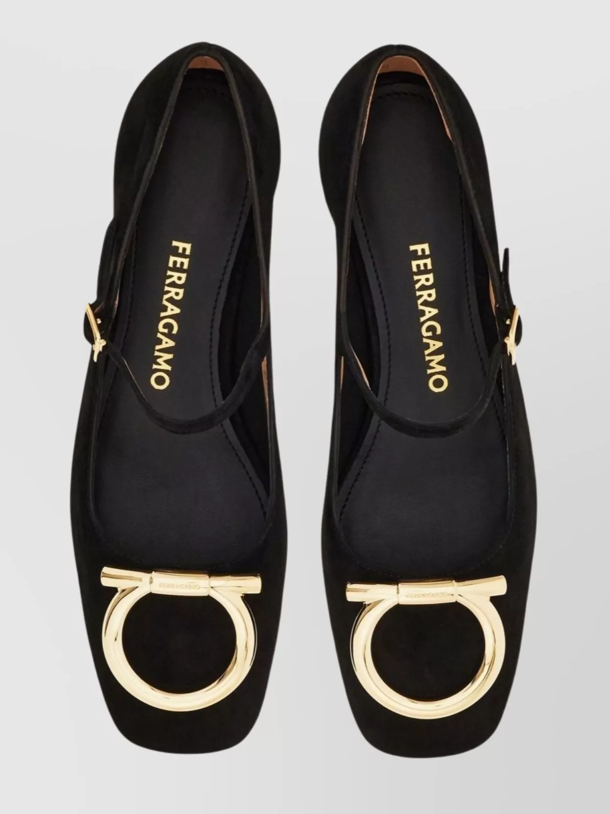 Ferragamo Square Toe Leather Ballerina Flats With Gold-Tone Hardware