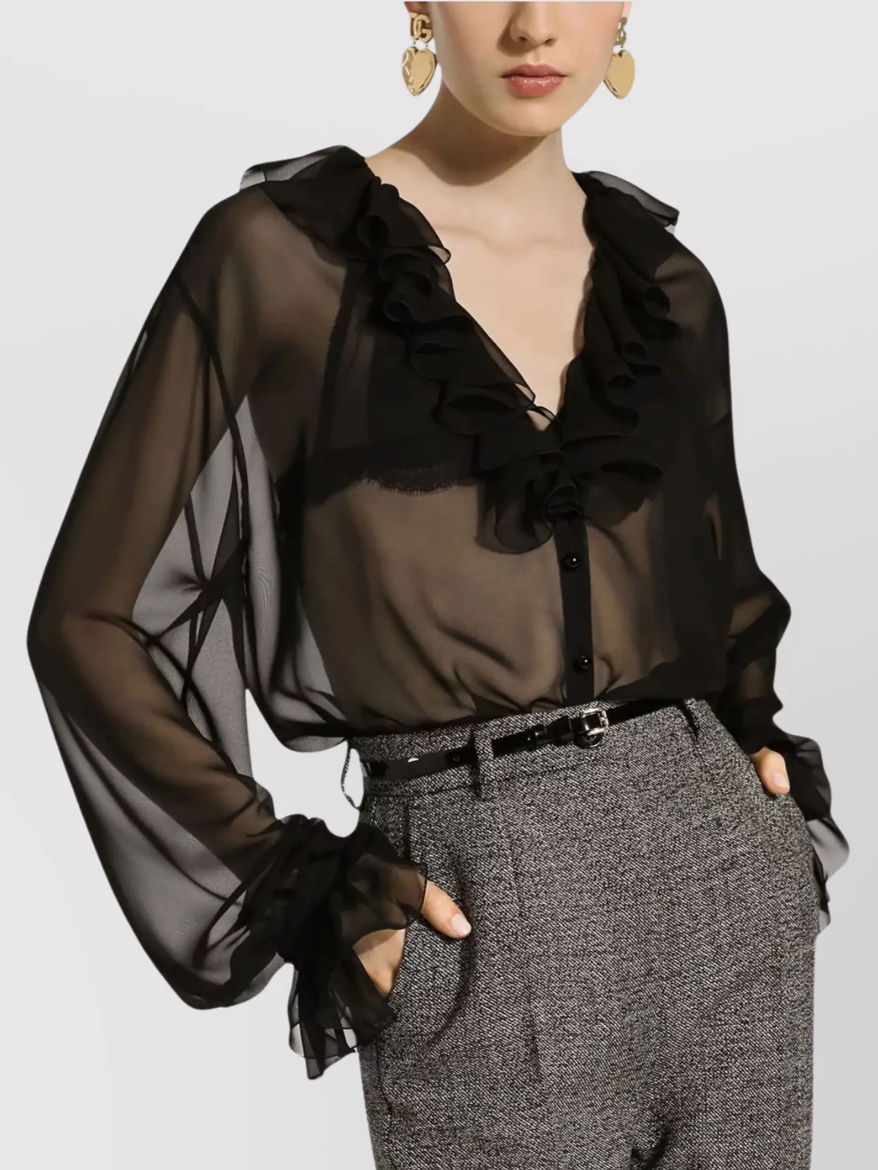 Dolce & Gabbana Sheer Silk Chiffon V-neck Top In Black