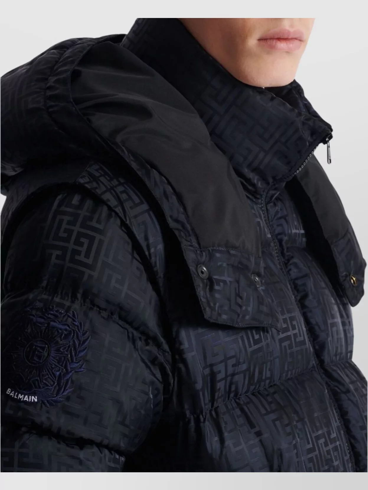 Balmain Short Nylon Jacquard Down Jacket With Black Monogram Men