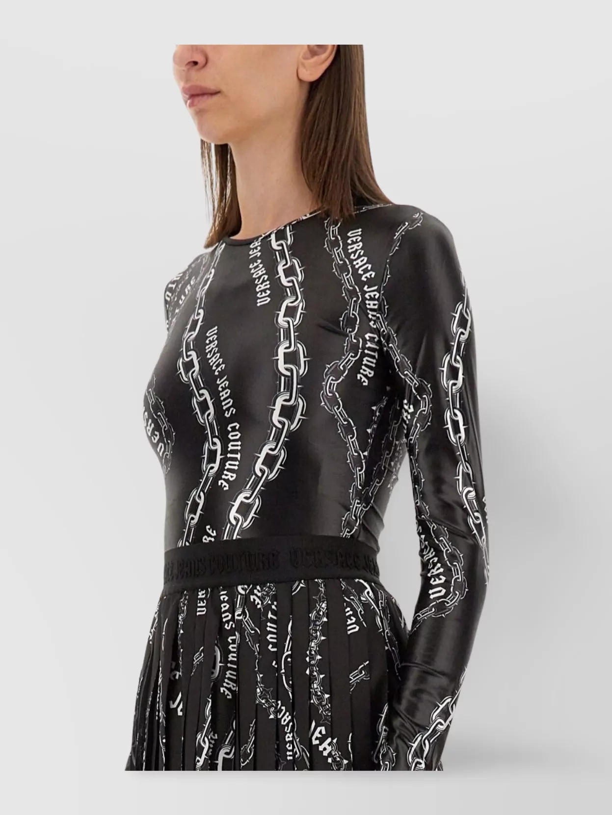 Versace Jeans Couture Bodysuit In Chain Print And Pleated Skirt