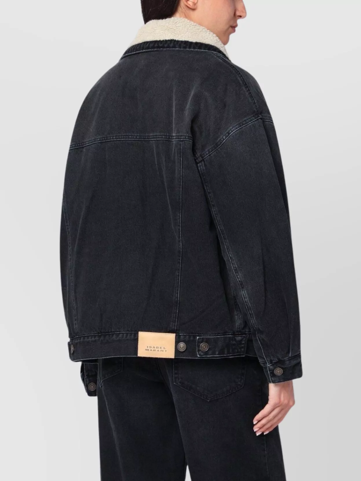 Isabel Marant Denim And Faux Fur Jacket With Sherpa Collar In Black
