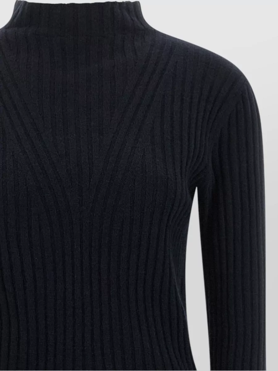 Pinko Ribbed High-Neck Long-Sleeve Pinstripe Asymmetric Wrap Midi Knitted Dress
