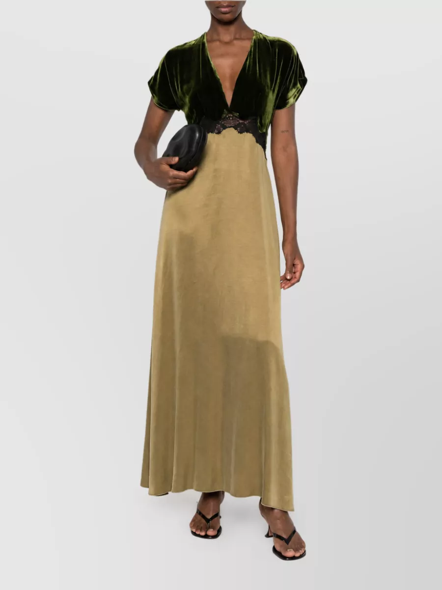 Forte Forte Velvet Lace Trim V-Neck Short-Sleeve Maxi Dress