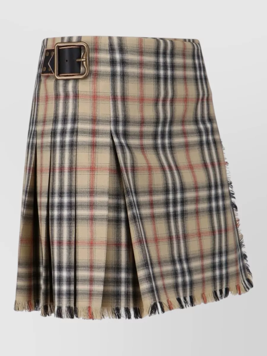 Burberry Midi Skirt Buckle Detail Frayed Hem Plaid In Brown
