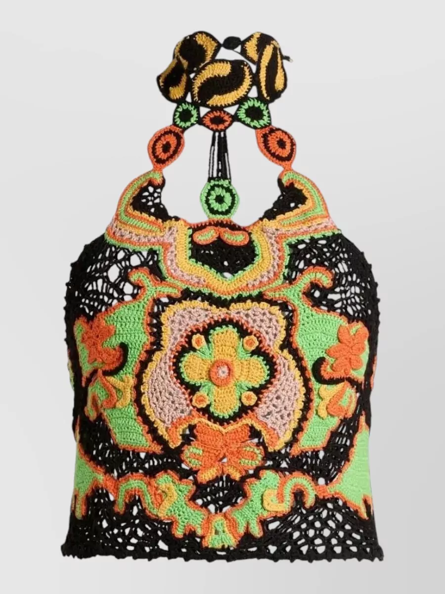 Etro Cotton Crop Top With Crochet-effect Floral Pattern In Multi