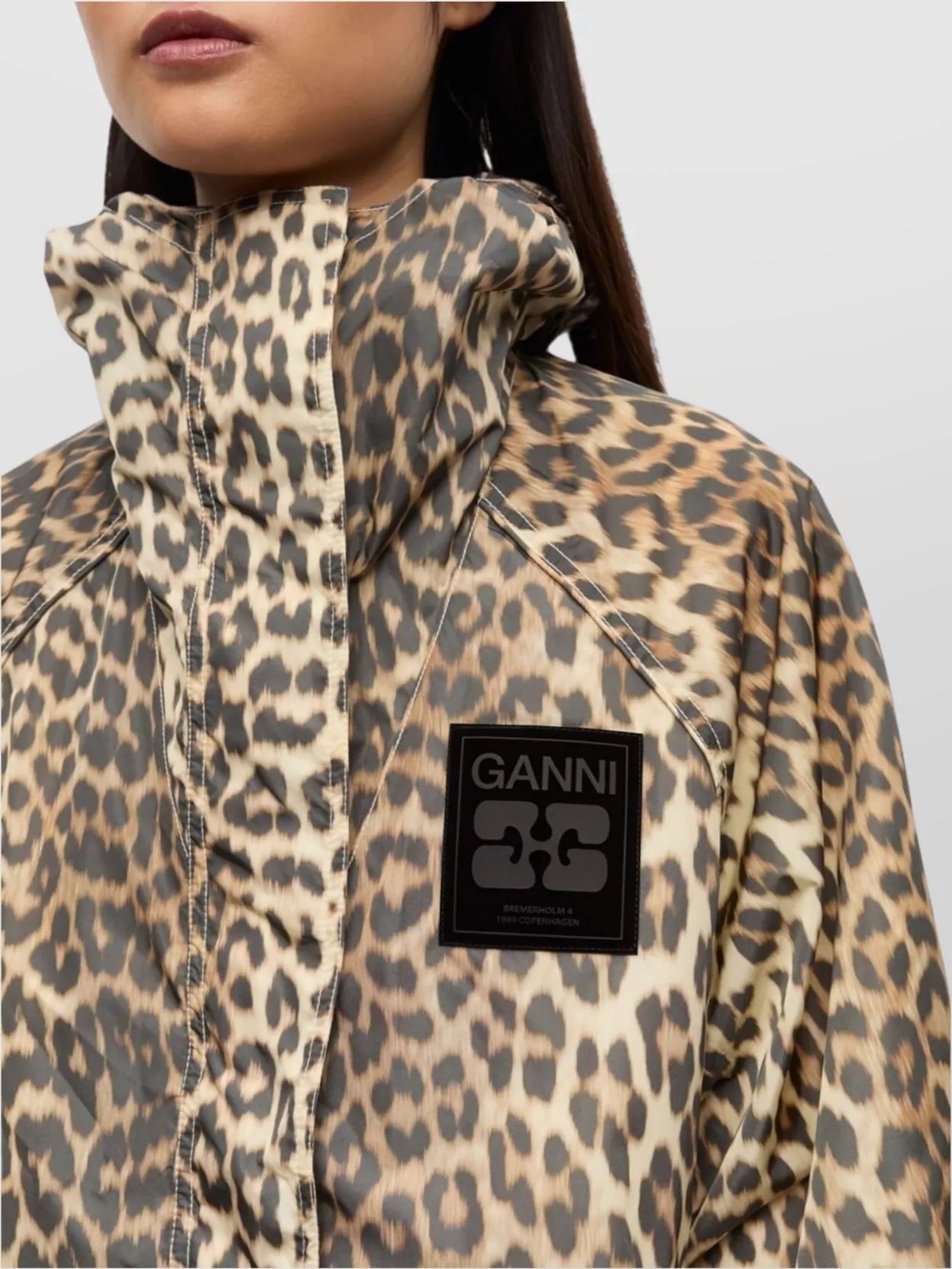 Ganni Nylon Leopard-Print Hooded Jacket