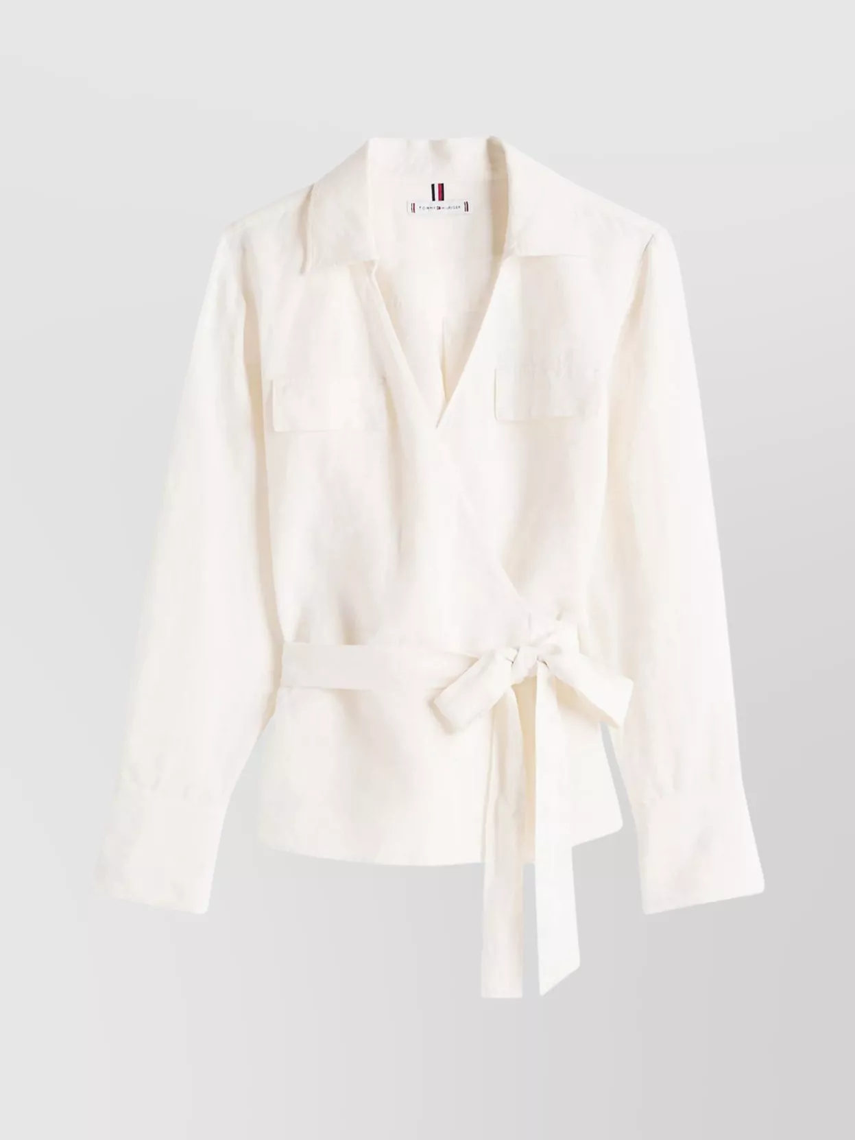 Tommy Hilfiger Textured Linen Wrap Blouse With Belted Waist In Neutral