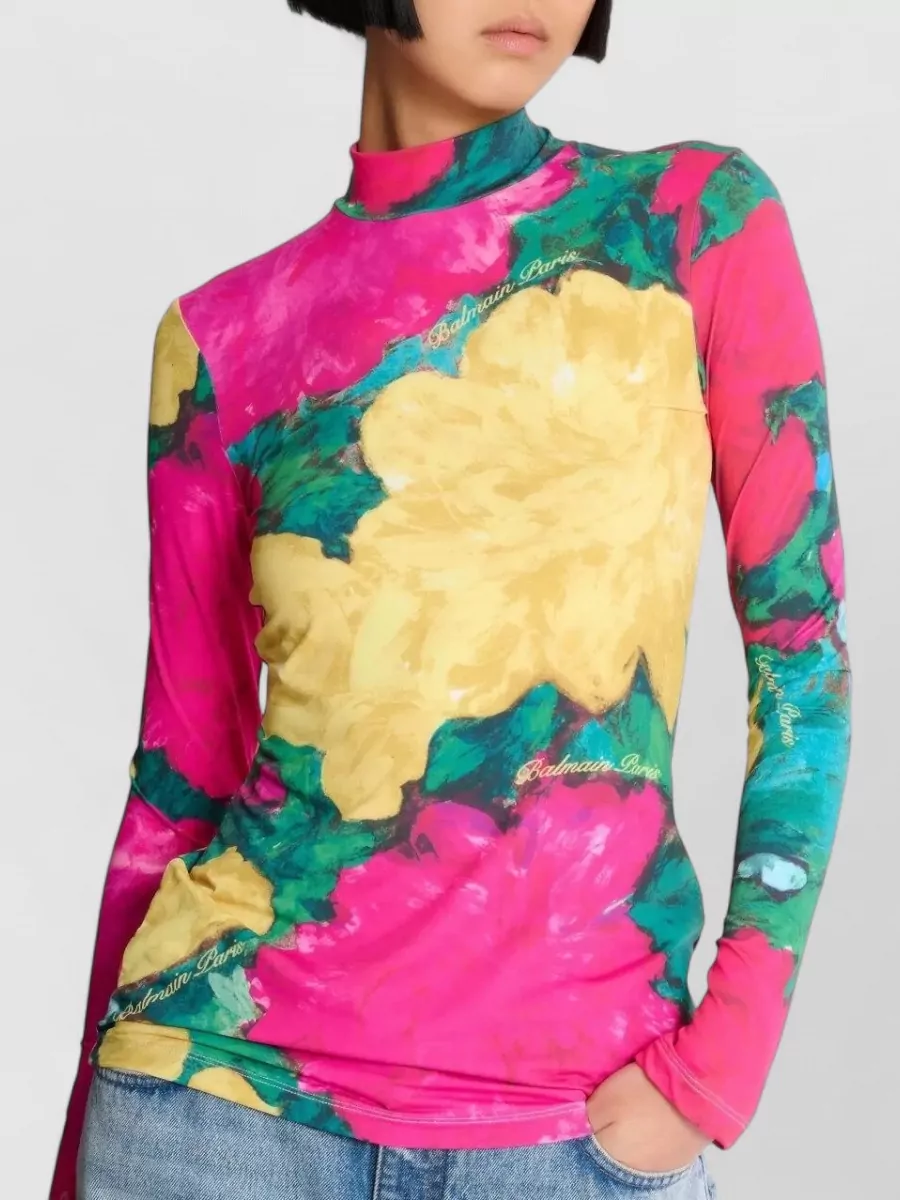 Balmain High Neck Jersey Top Fitted Print