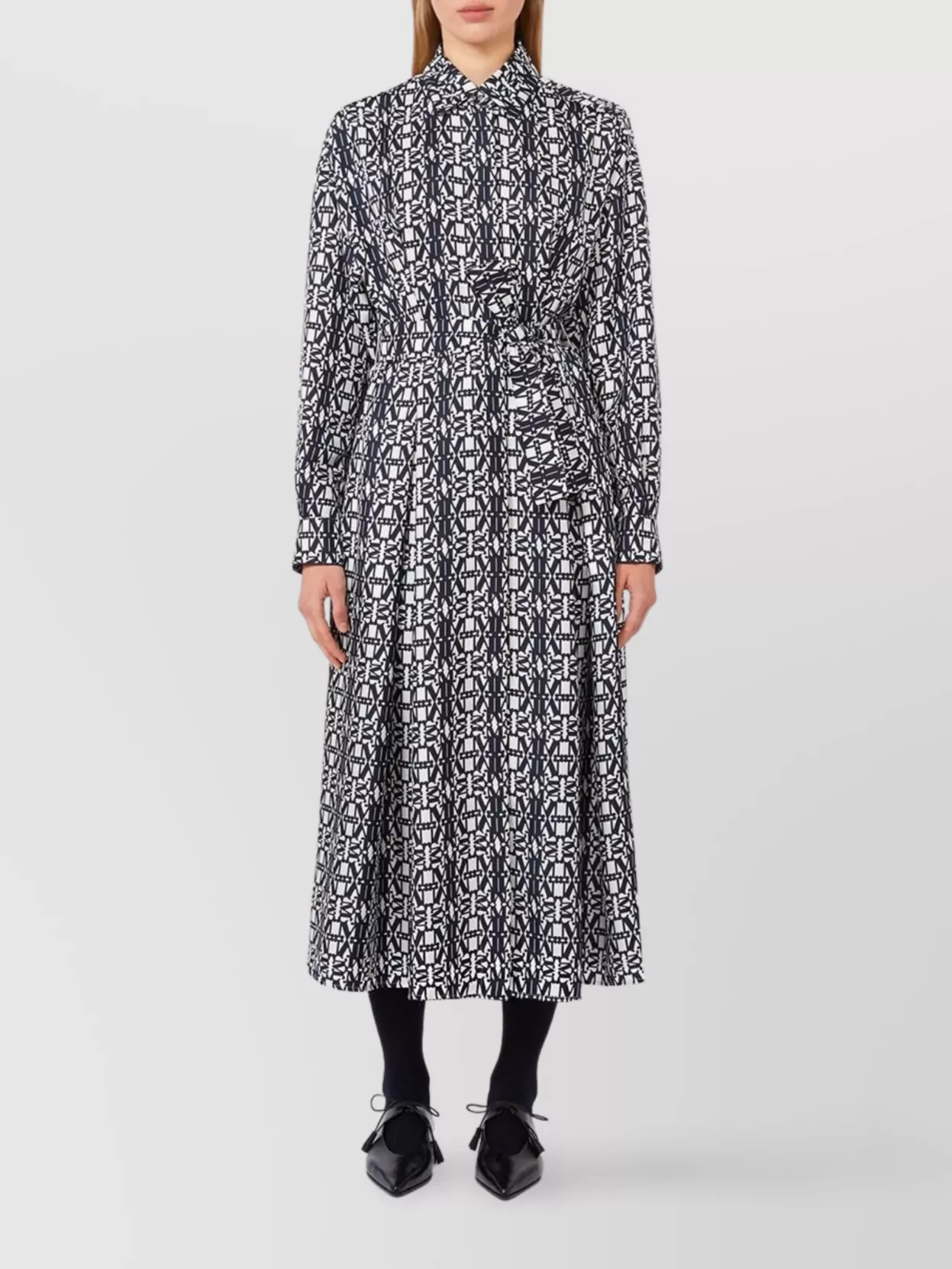 Max Mara Midi Dress With Long Sleeves And Belt In Multi