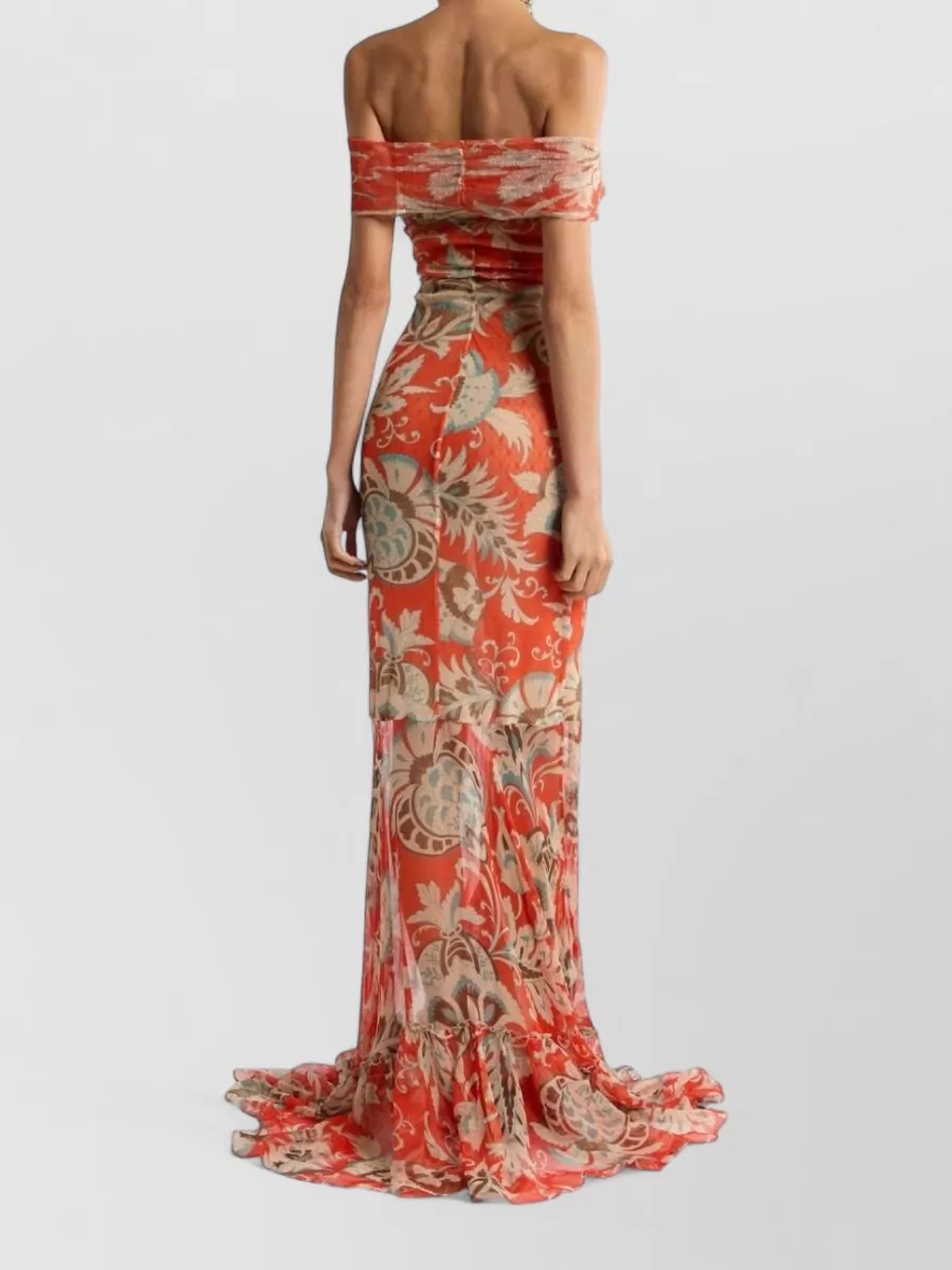 Etro Tulle Floral-Print Off-Shoulder Knot-Detail Tiered-Hem Maxi Dress
