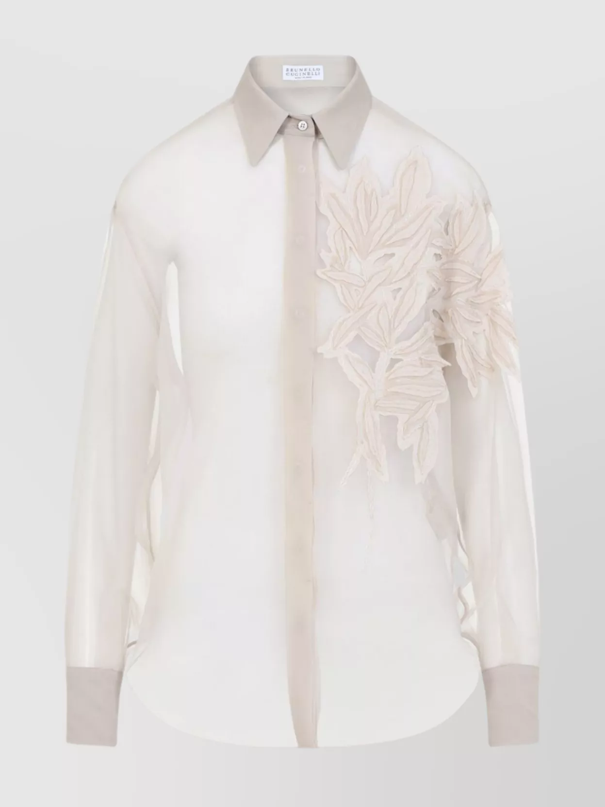 Shop Brunello Cucinelli Sheer Fabric Embroidered Shirt With Pointed Collar