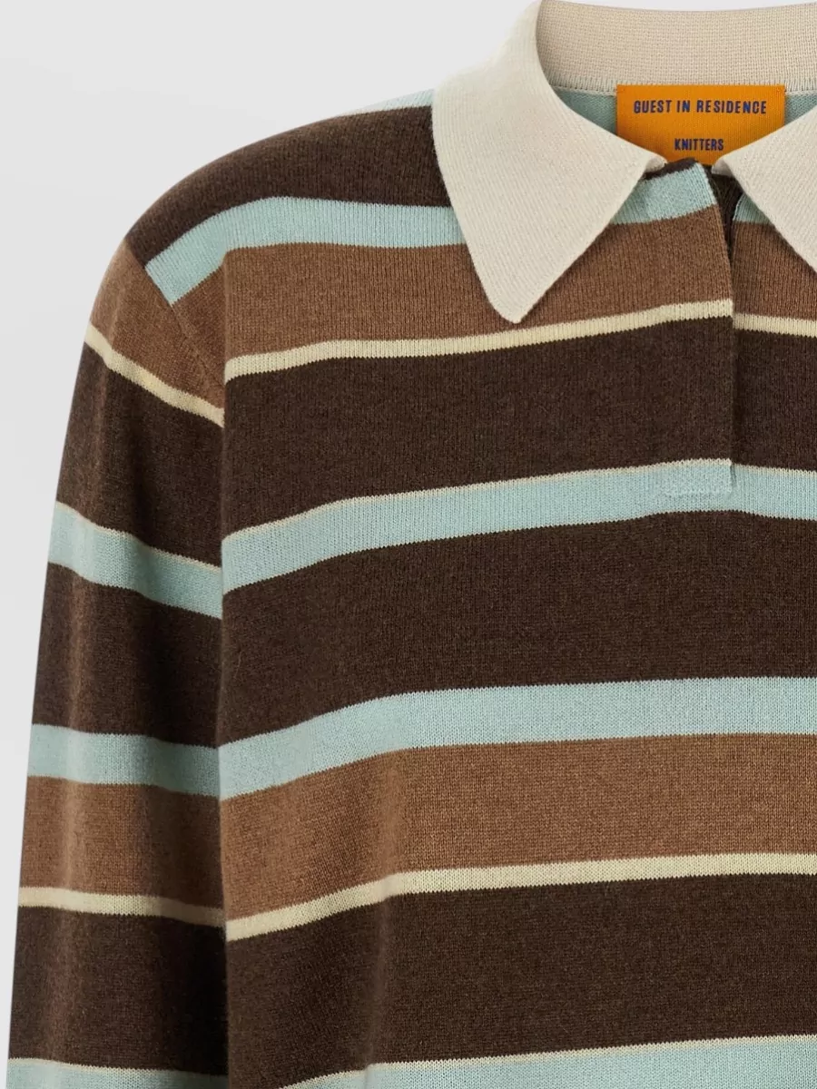 Guest In Residence Cashmere Striped Cropped Long-Sleeve Polo Shirt