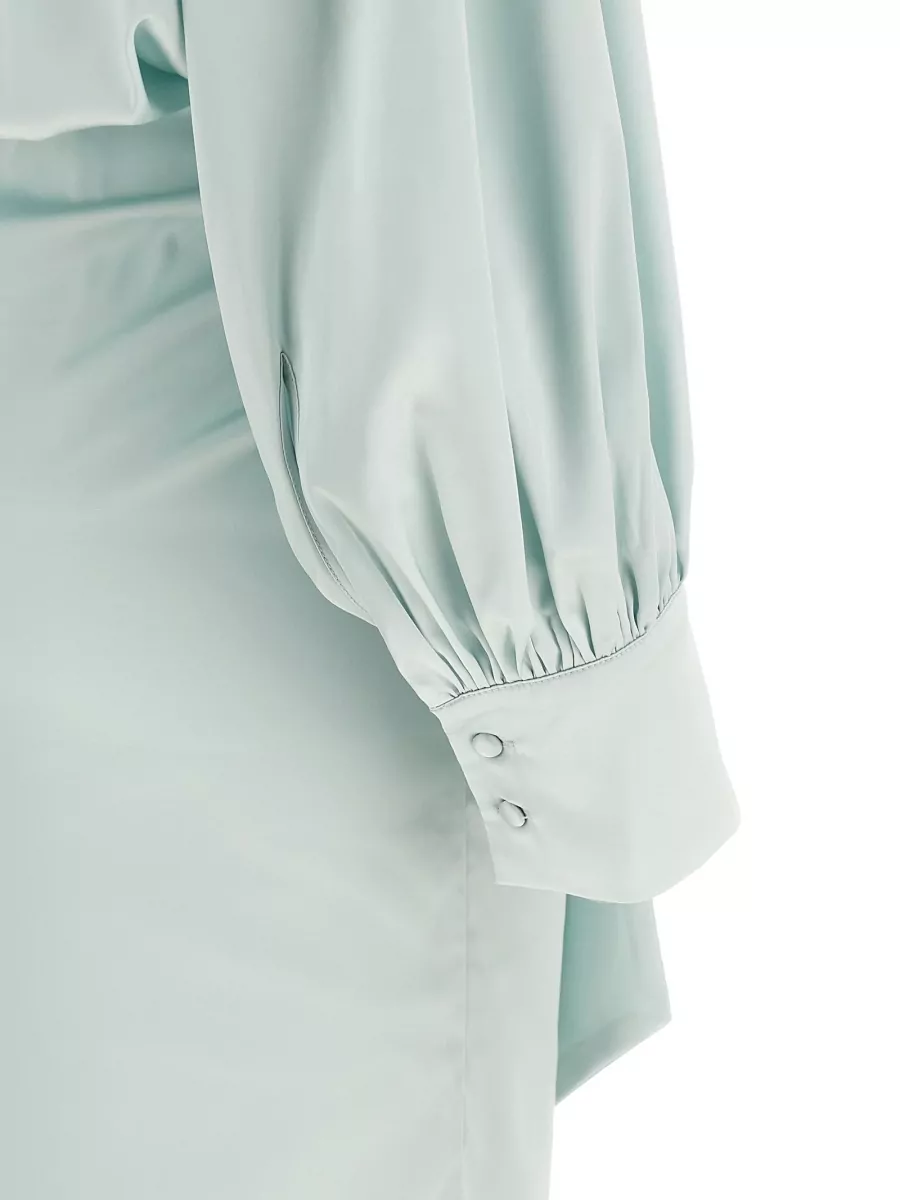 Rotate Birger Christensen Ruched Satin V-Neck Long-Sleeve Midi Dress