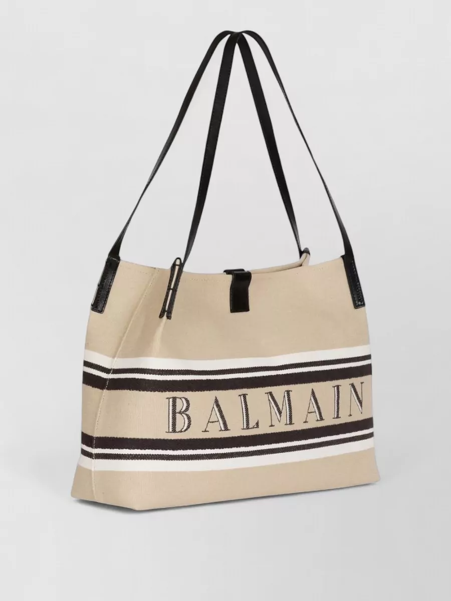Balmain Medium Canvas Leather Tote Shoulder Straps