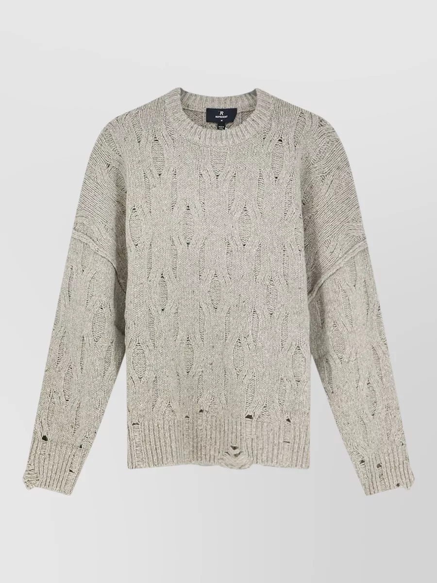Represent wool-blend cable-knit distressed crewneck sweater
