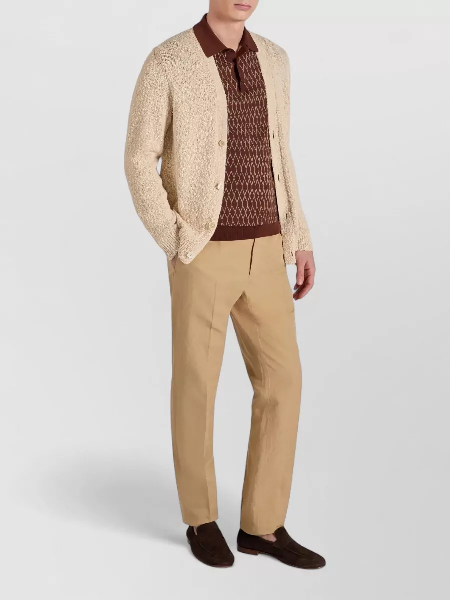 Zanone V Neck Textured Knit Cardigan Ribbed Trims