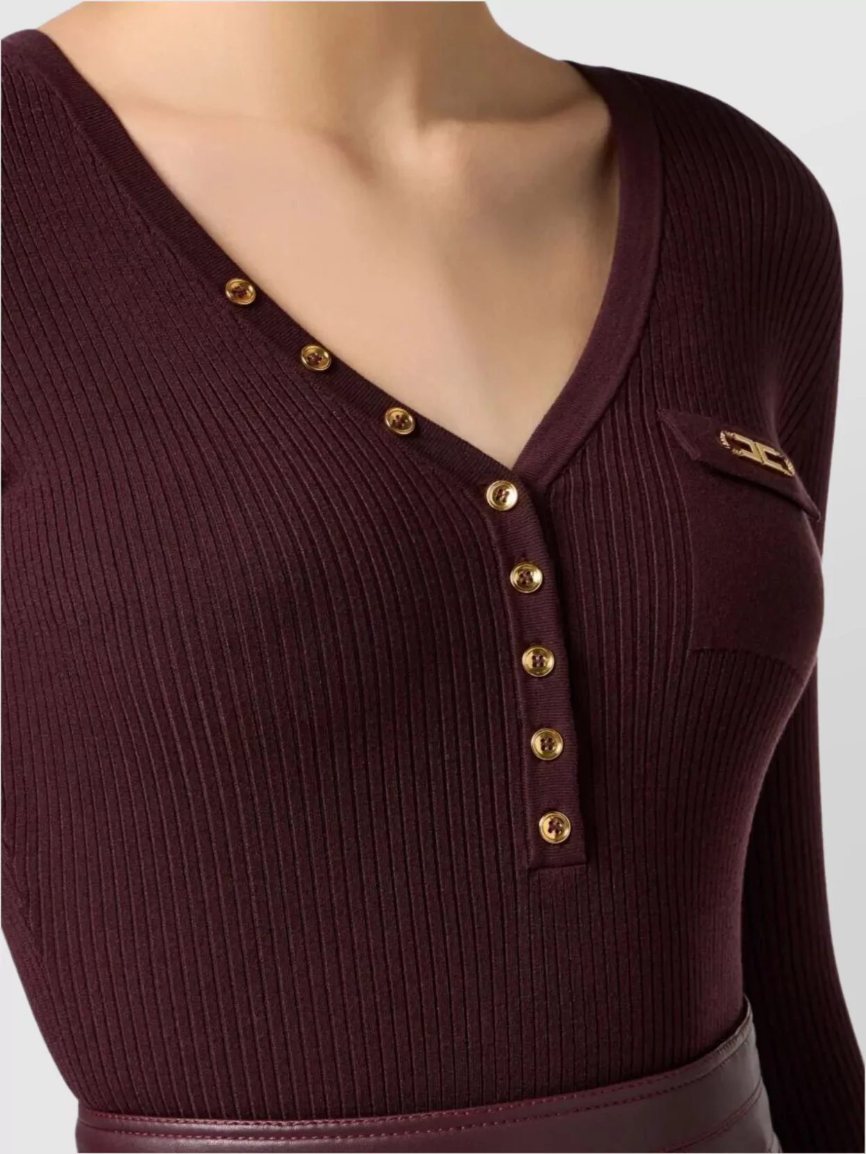 Elisabetta Franchi Ribbed V-Neck Short-Sleeve Knitted Top