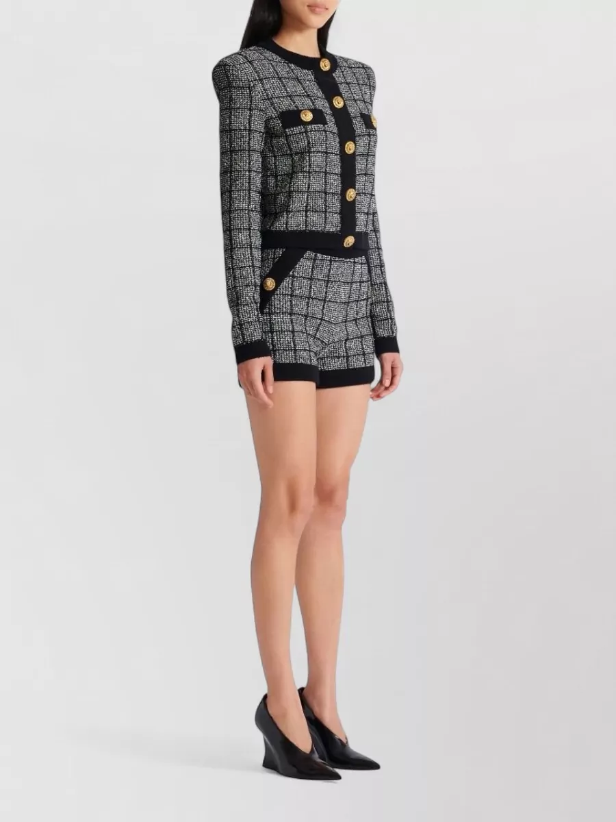 Balmain Cropped Tweed Check Cardigan Gold Buttons