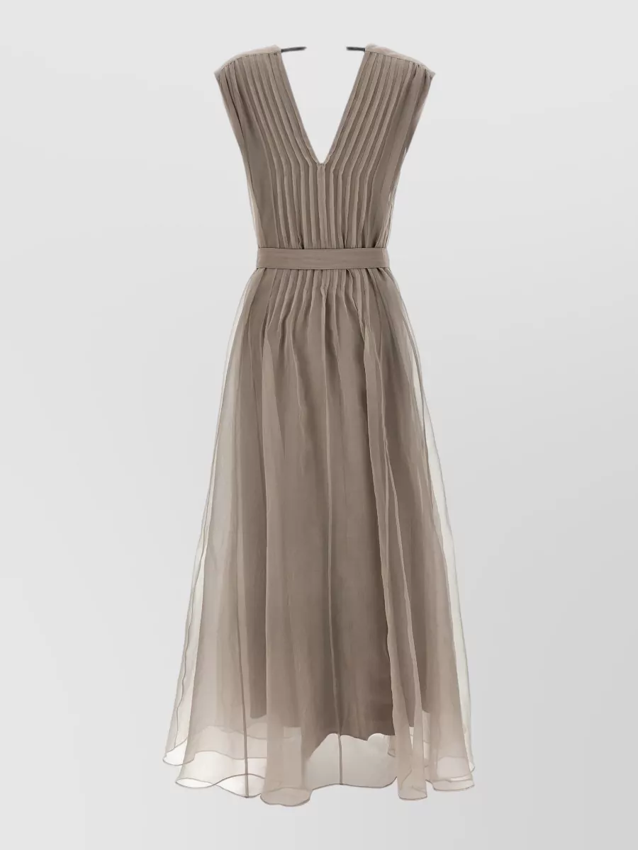 Brunello Cucinelli Silk Sleeveless V-Neck Pleated Maxi Dress
