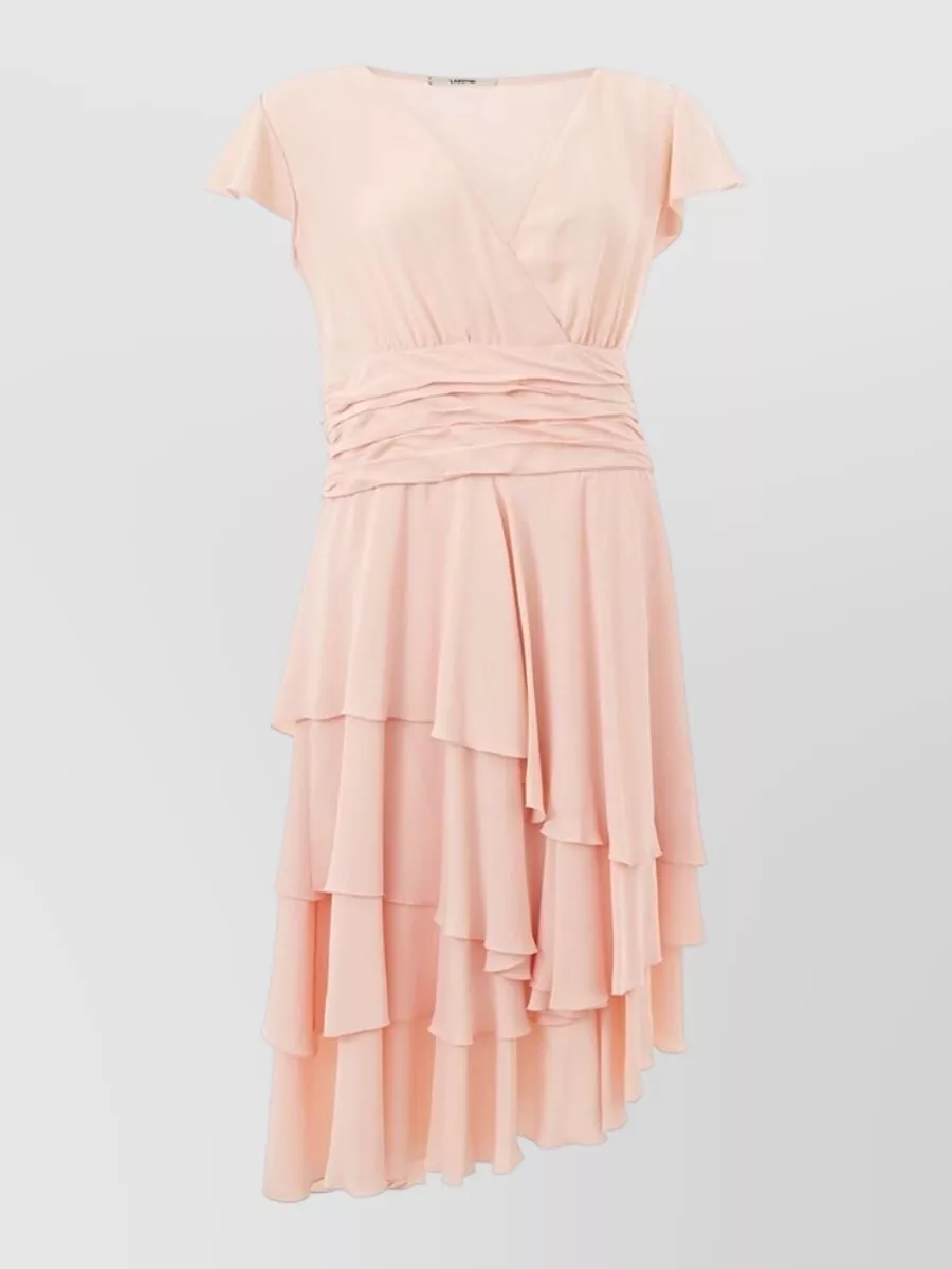 Lardini acetate v-neck short-sleeve asymmetric ruffled wrap midi dress
