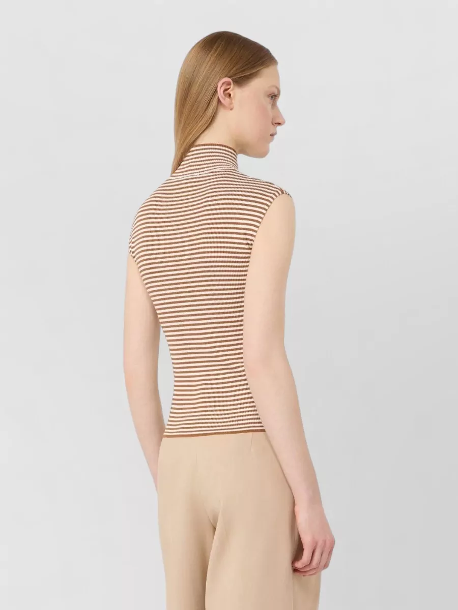 S Max Mara Ribbed Striped Sleeveless Turtleneck Top