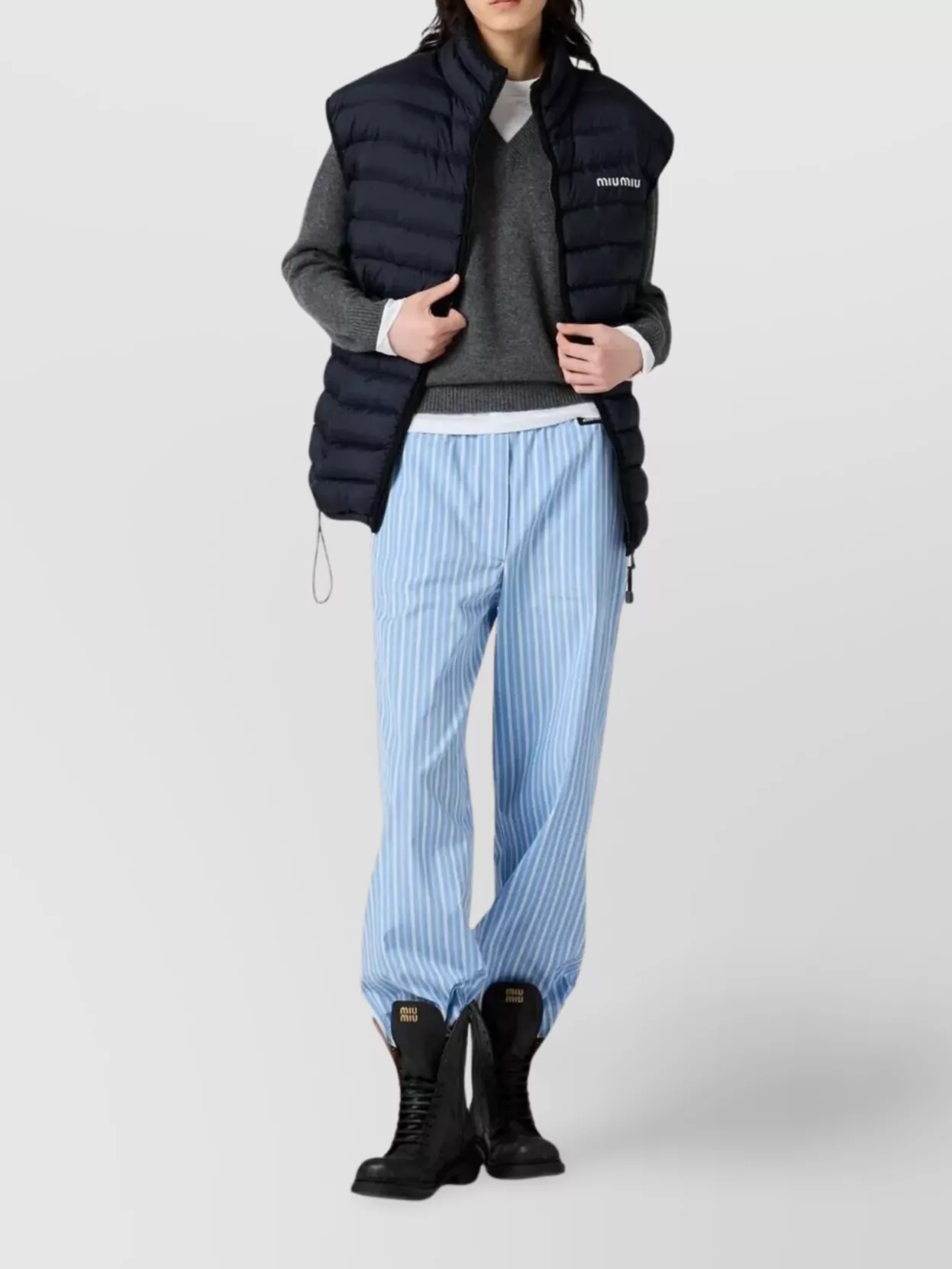 Miu Miu Cashmere V-neck Sweater With Jersey Inserts In Gray