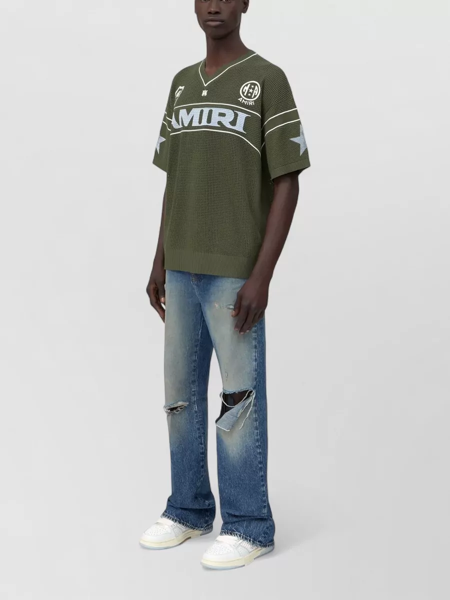 Amiri Sport Mesh T Shirt Ribbed Hem V Neck