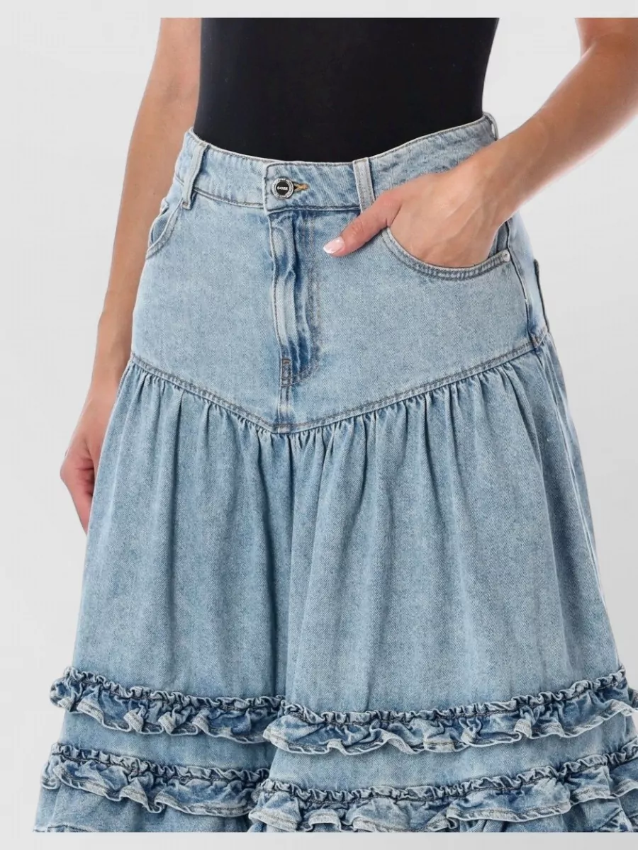 Ganni Denim High-Rise Gathered Ruffle Midi Skirt