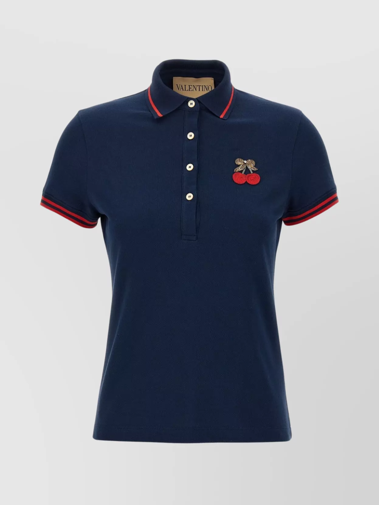 Valentino Cherry Embroidery Polo With Contrast Trim In Blue